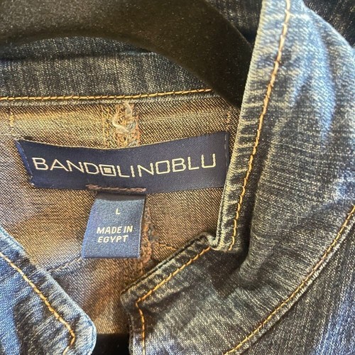 Bandolinoblu big stitch Denim Jacket Button-Front Mandarin Collar multi pocket L - Picture 7 of 13