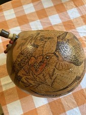 Handmade Decorated Gourd Folk Art Vessel Birds Leather Beads Wood Detail