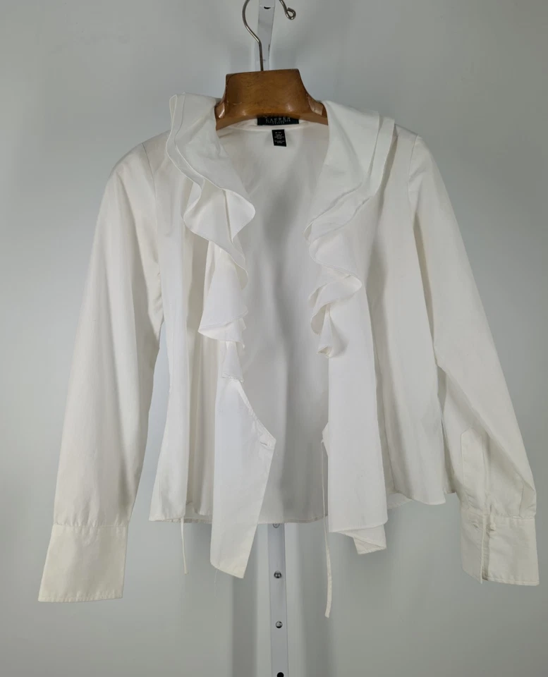 Ralph Lauren Vintage Y2K 90s Victorian Ruffle Tuxedo Wrap Shirt White French... - Image 3 of 4