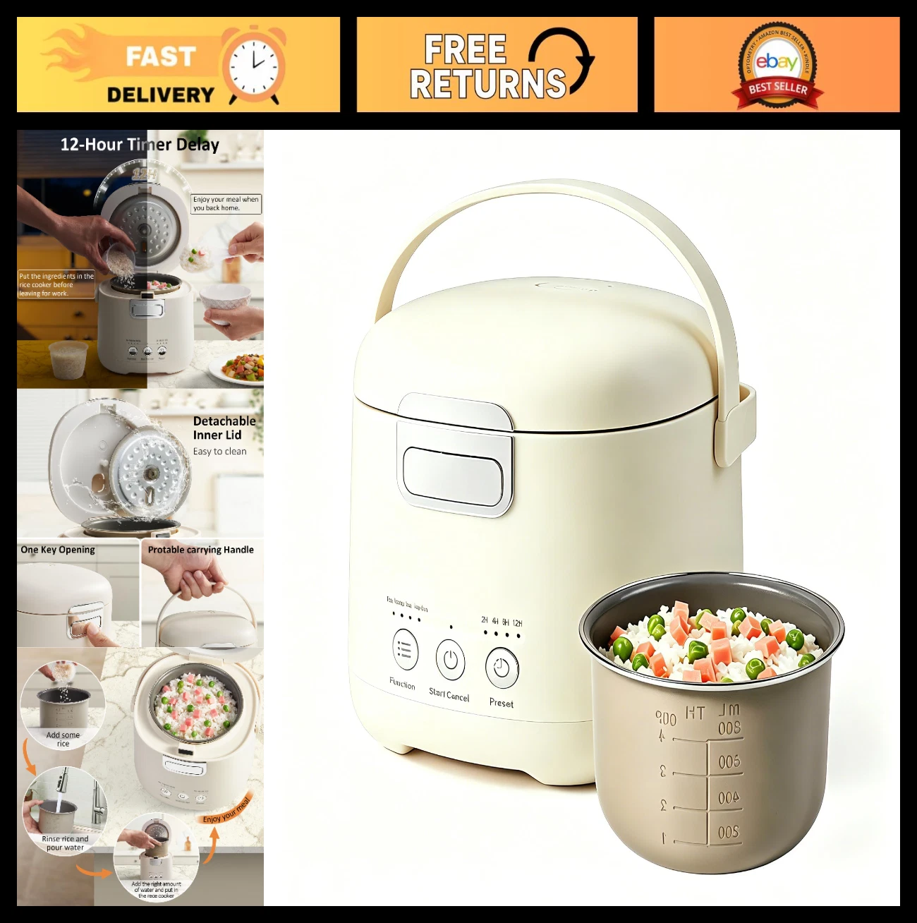 Mini Rice Cooker 2 Cups Uncooked, Portable 1.2 Quart, Non-Stick, BPA Free, 12-Ho