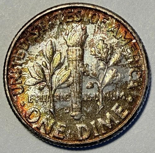 1956-D Roosevelt Dime, Gem BU, Rainbow Mint Set Toning! Silver