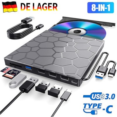Externes CD DVD Laufwerk USB 3.0 Typ-C Extern mit SD/TF-Kartenleser RW Brenner