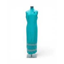 Teal Silk Cheongsam Maxi Dress 70s Asian Mandarin Collar Frog Closure Side Slit