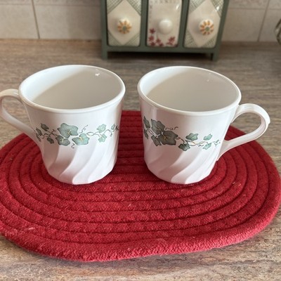 Corning Corelle Callaway Green Ivy Swirl Coffee Tea Mugs Cups, Set Of 2 White