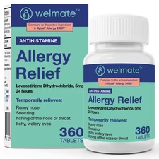 WELMATE Allergy Relief | Levocetirizine DiHCl 5mg | 24 Hours 360 Count Tablets