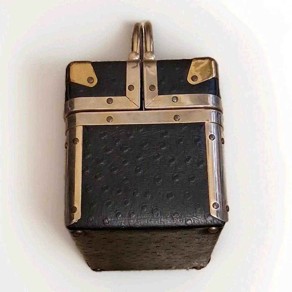 Vintage Style Mini Trunk Black Faux Leather Brass Corners Purse Organizer Travel - Image 4 of 4