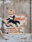 VINTAGE GILLYS PORCELAIN SIGN OLD PASADENA TEXAS DANCE CLUB HONKY TONK RODEO 8"