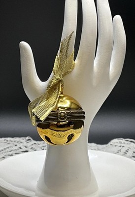 Midwest PHB Porcelain Hinged Trinket Box *GOLD JINGLE BELL* w/ Bow & Clapper-1 
