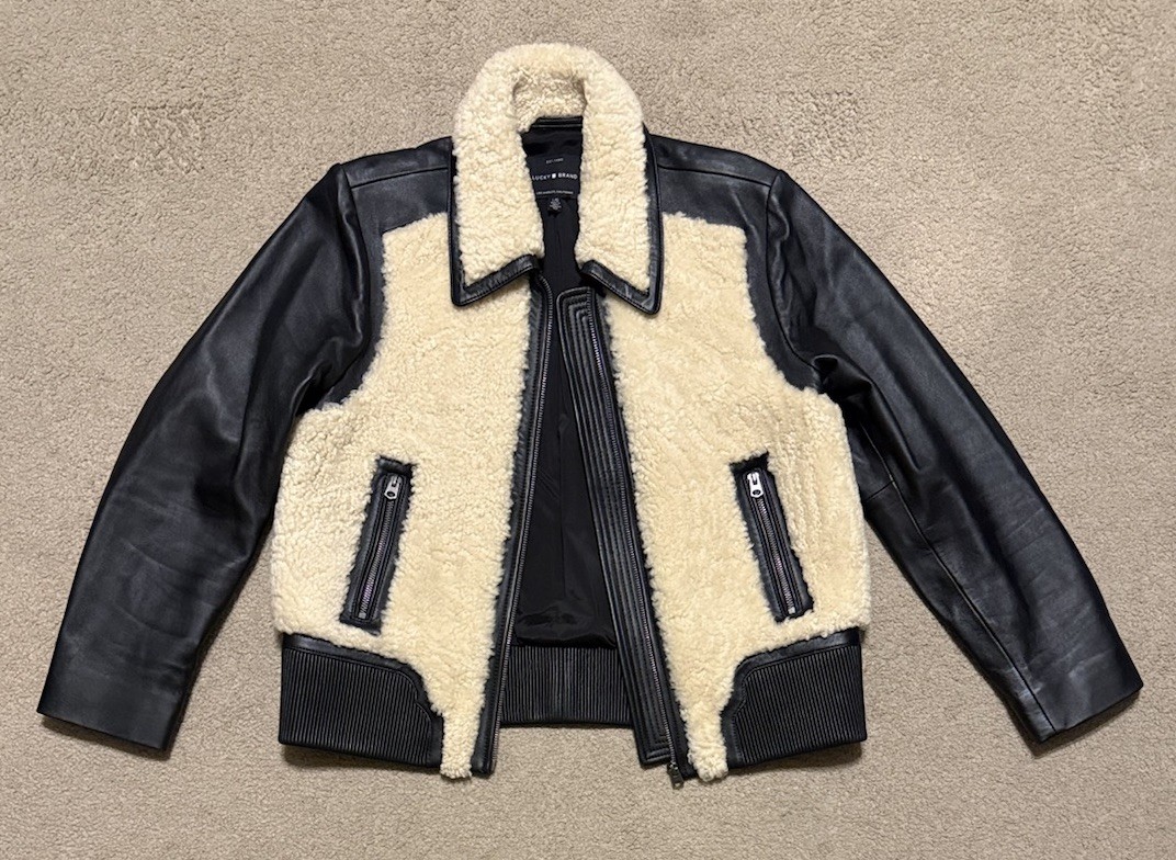 Lucky Brand Lamb Leather Shearling Bomber Jacket Black Size Large Y2K Fashion image 2
