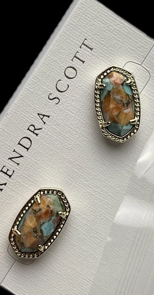 Kendra Scott Ellie VTG Gold Etch Frame Stud Earrings Bronze Veined 9608801825 -5 - Image 2 of 4