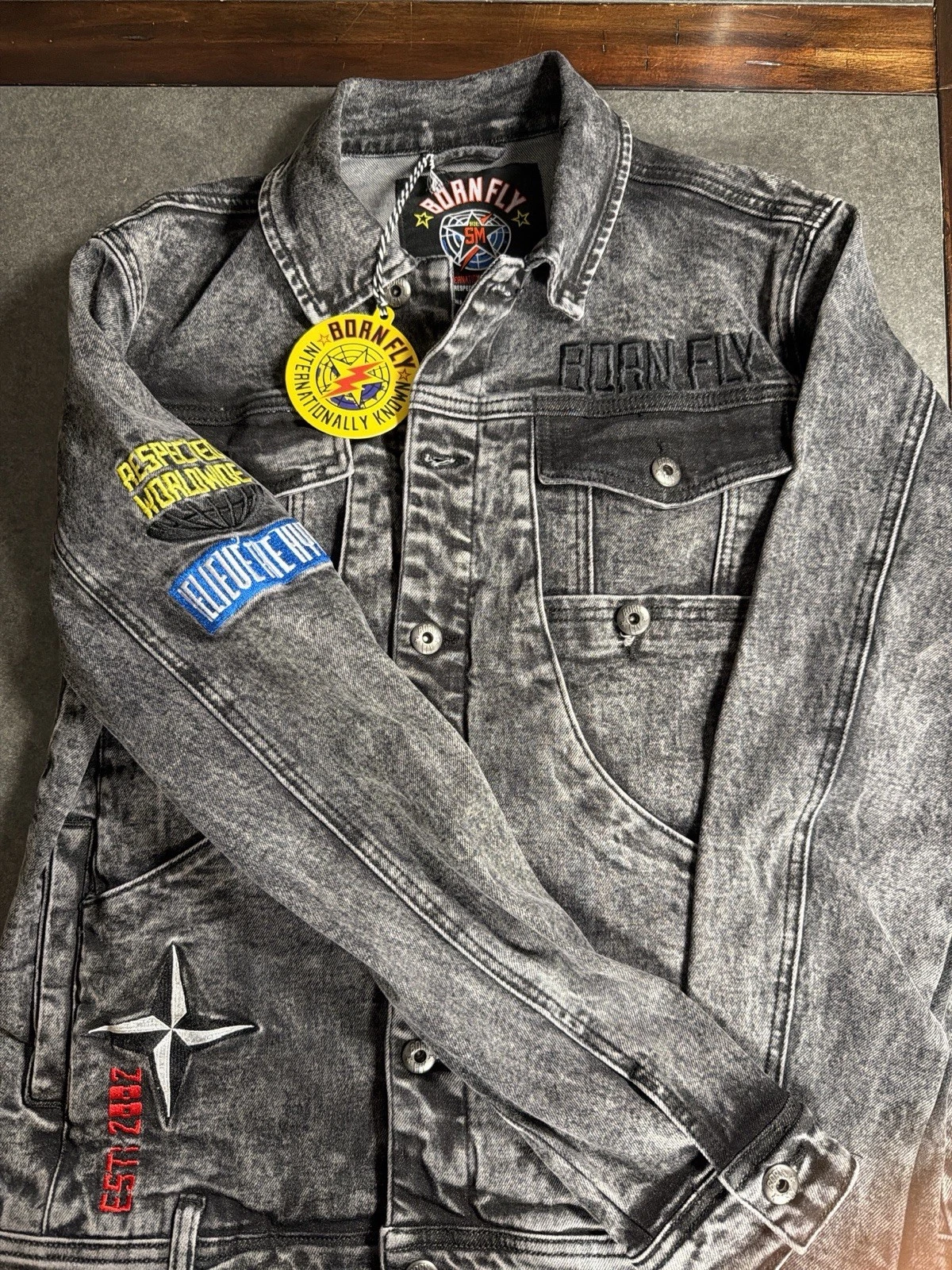 Born Fly Denim Jacket Small Black Acid Wash Embroidered Streetwear Hip Hop