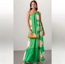 Farm Rio Green Floral Maxi Dress One Shoulder Tie Wedding Guest Size XS