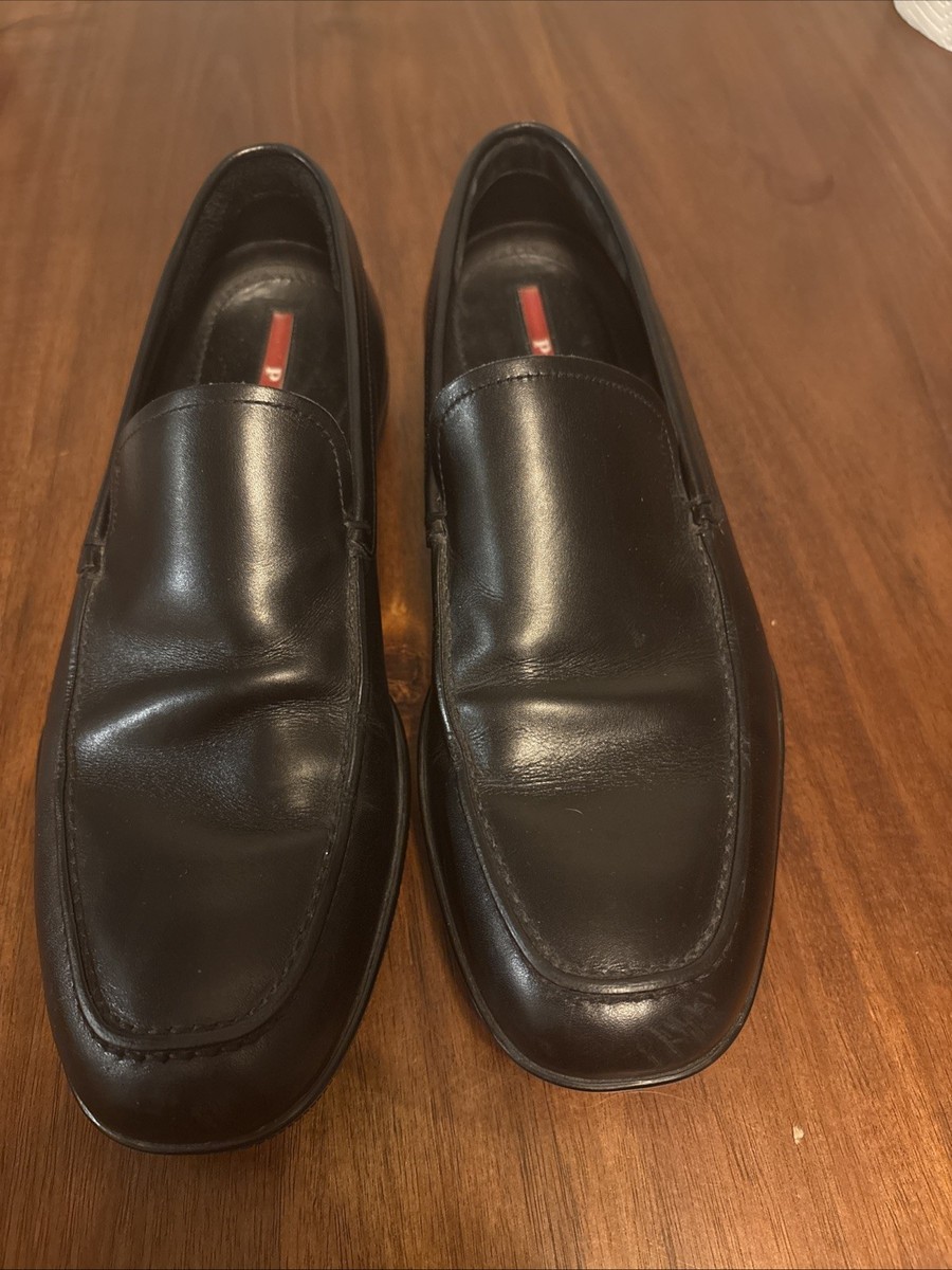 靴 prada sport square loafer Prada Sport Linea Rossa Black Leather Slip On Loafers Men's Size