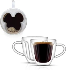 JoyJolt Disney Mickey Mouse 3D Espresso Cups 5.4oz Glass Set of 2 - Insulated