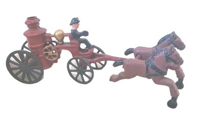 Vintage Metal Cast Iron Fireman Horse Drawn Fire Pump Truck Engine Wagon