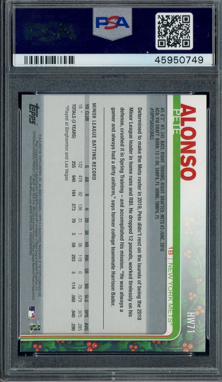 2019 Topps Holiday #71 Pete Alonso RC Rookie New York Mets PSA 9 MINT view 2