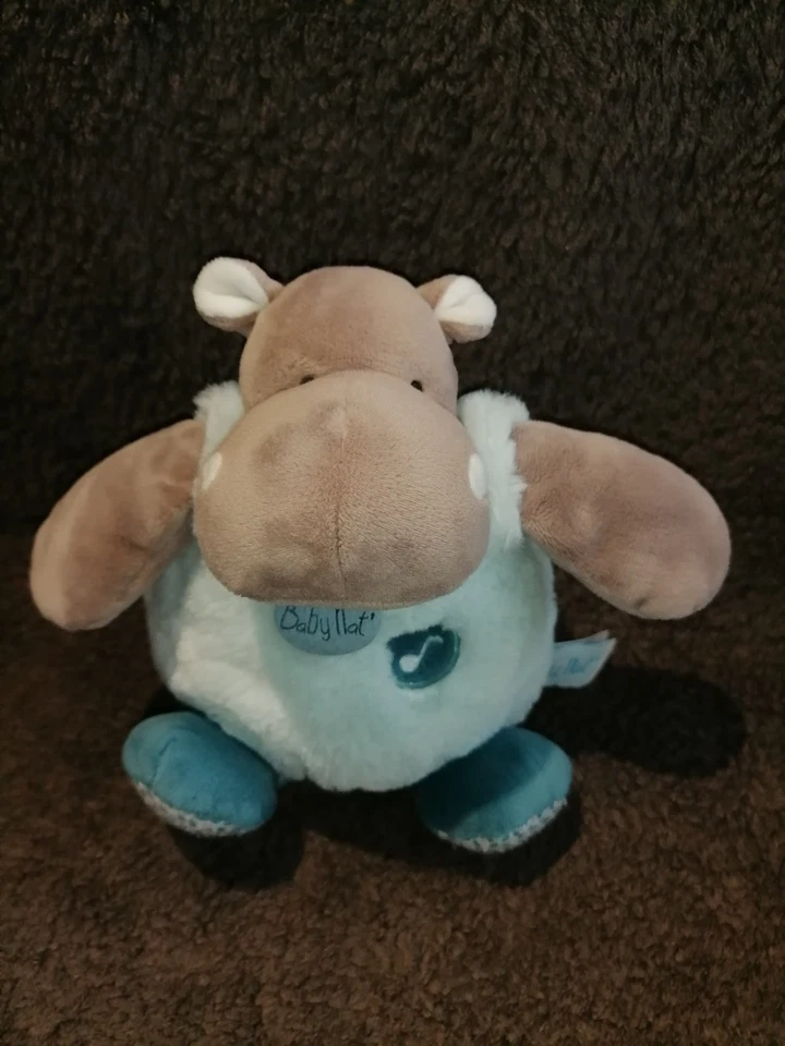 Doudou musical hippopotame Bazile taupe bleu fourrure Babynat Etat neuf - Photo 1/1