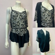 VTG 90's black lace nylon Babydoll Nightie lingerie robe set 1X undercover wair