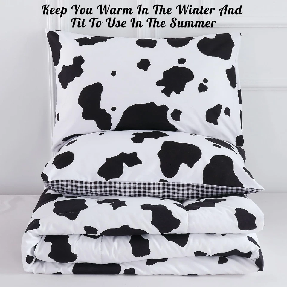 Juego de edredón de cama con estampado de vaca tamaño queen blanco y negro geométrico reversible... Foto 4 de 4