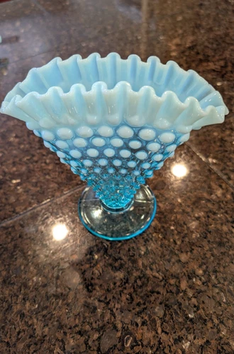 Fenton Blue Opalescent Hobnail Fan Vase Ruffled Edge 6 1/2"