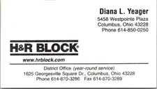 H&R Block Columbus Ohio Vintage Business Card #2 Yeager