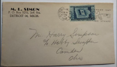 Michigan Postmarks Vintage envelope cover with Detroit, MI postmark of 1947 Centenary of ...