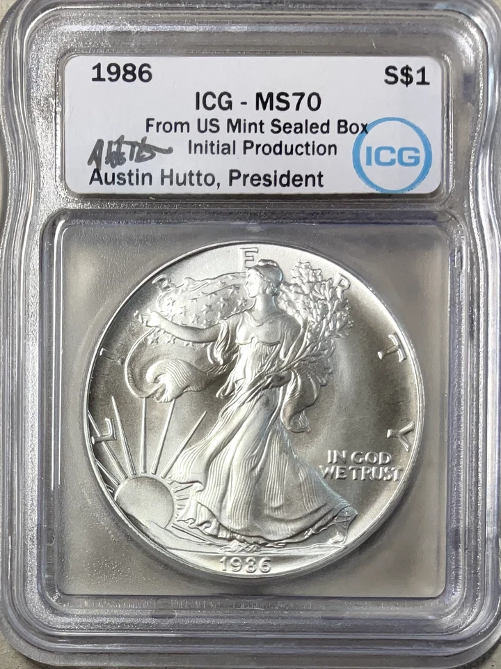 American Silver Eagle 1986 ICG MS70 producción inicial escarchado letrero Austin Hutto Foto 2 de 4