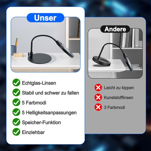 Lupe mit Licht und Ständer 10X stufenlos dimmbare LED-Schreibtischlampe - Bild 15 von 16