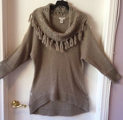 Cache Loose Fussy Knit Tan Fringe Sequins Cowl Neck Dolman Sleeve Sweater Size L