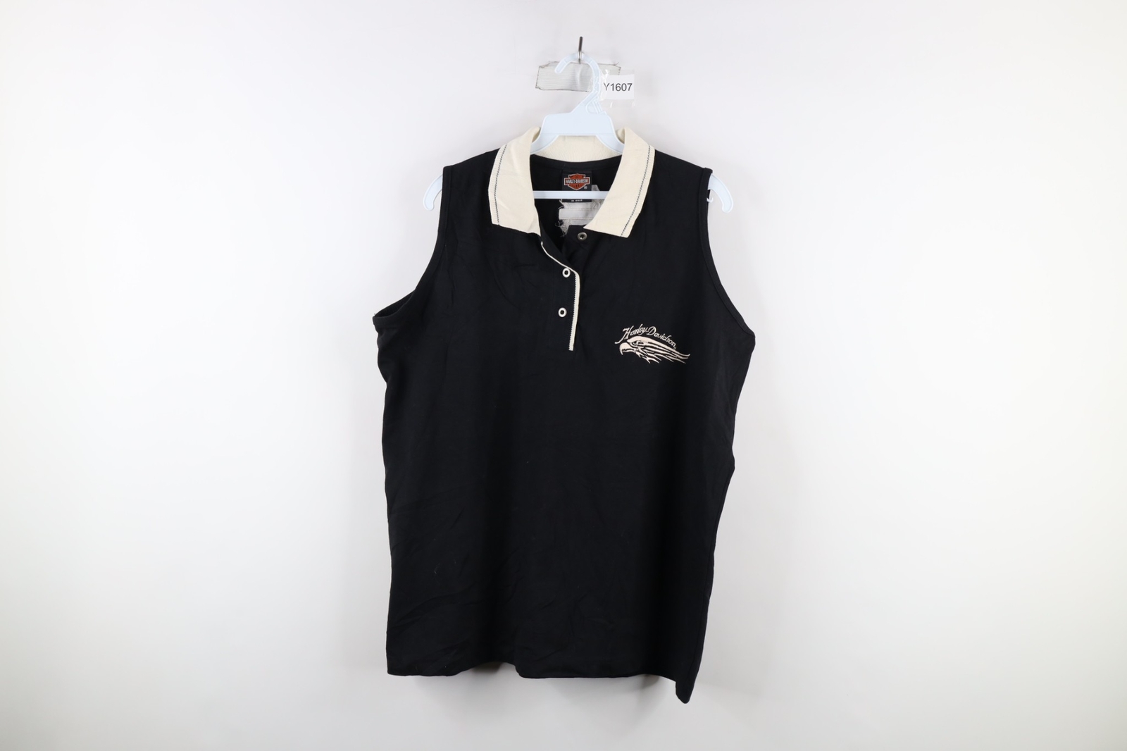 Vintage Harley Davidson Womens XL Faded Spell Out Eagle Sleeveless Polo Shirt
