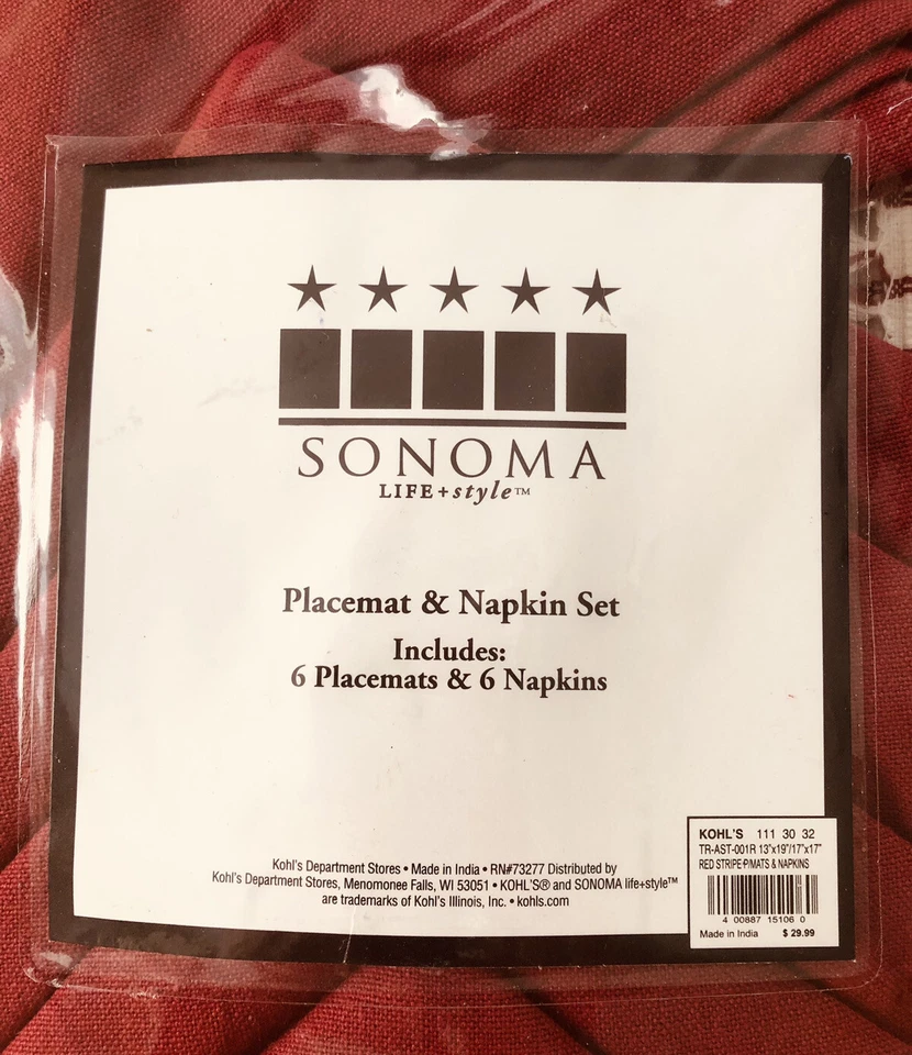 NWT Sonoma Red White Striped 6 Napkins and 6 Placemats Set Classic Picnic - Image 2 of 4