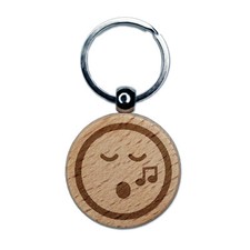 Singing Face Music Emoticon Engraved Wood Round Keychain Tag Charm