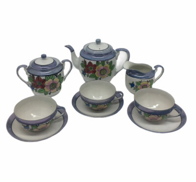 Lusterware Tea Set Teapot, Creamer Sugar Bowl Cups Saucers Japan Blue  Flower
