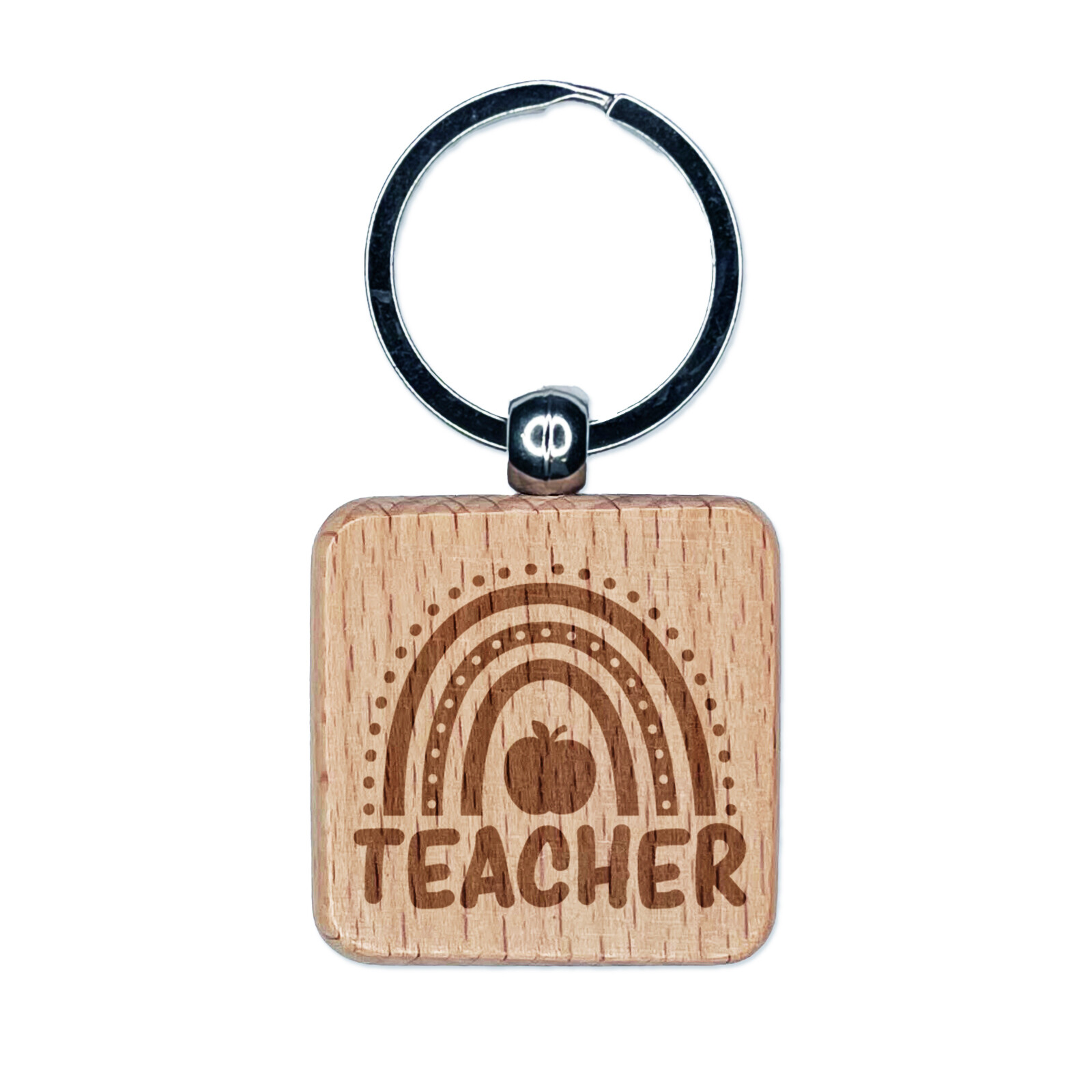 Teacher Rainbow Engraved Wood Square Keychain Tag Charm