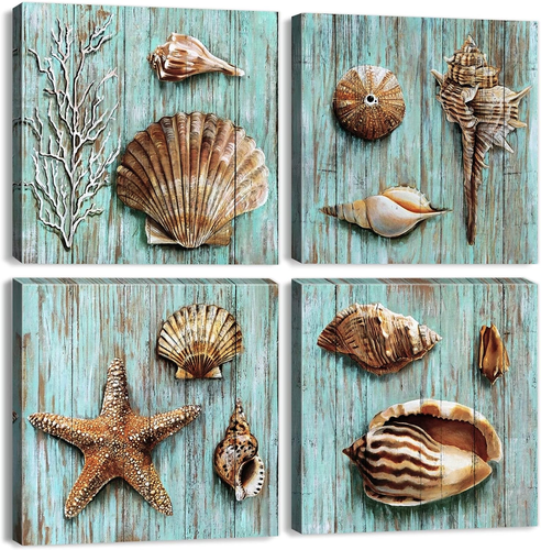 Rustic Seashell Wall Art Beach Decor Coastal Teal Blue Conch Shell Canvas Pri...