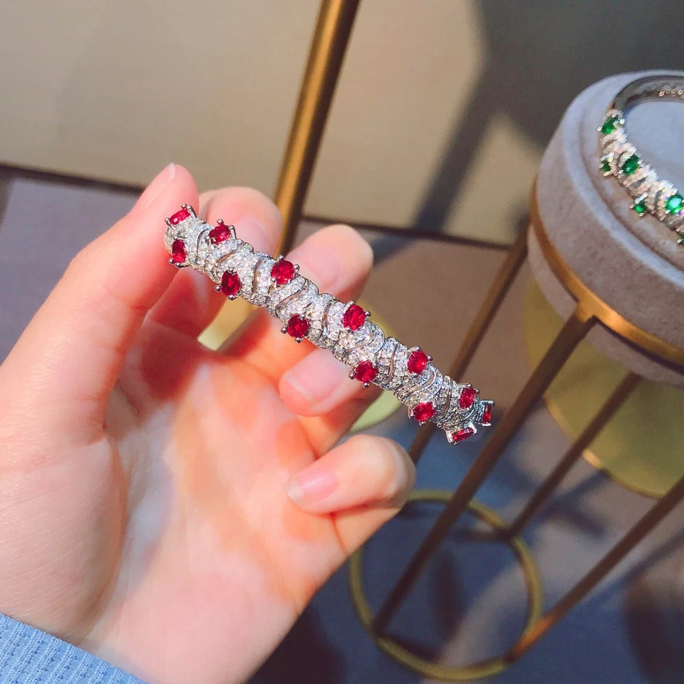 Nuevo Brazalete Brazalete Clásico Madre Joyería Rojo Granate Gemas Lujo Mujer Plata Foto 3 de 4