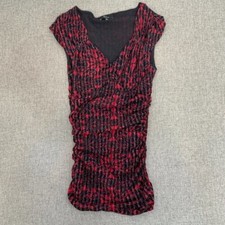 Express Red Black Shimmery Dress Slim Fit Ruched Medium Low V-Neck Metallic.