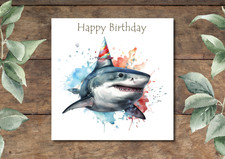 Shark Birthday Card Great White in Party Hat - 14.5 cm Square