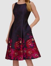 Adrianna Papell Women's Blue Red Boat-Neck Fit & Flare Jacquard Dress Sz 6