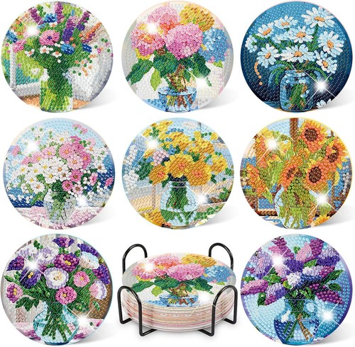 8 Pcs Diamond Art Coasters Kit,Diamond Painting Coasters,Flower Diamond Art Kits