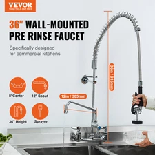 Commercial Faucet with Pre-Rinse Sprayer, 36" Height, 8" Center, 12" Swing Spout