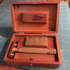 Vintage Gillette Metal Safety Razor Set in Wooden Case with Blade Box, Made USA