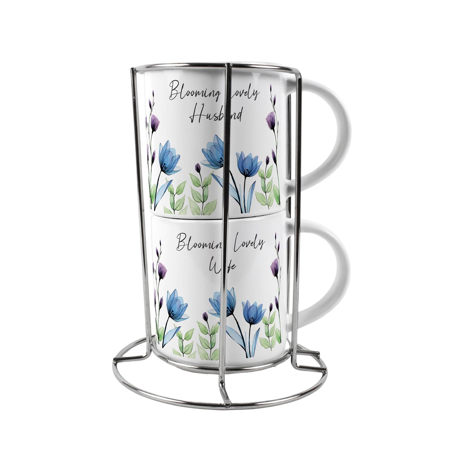 Blooming Lovely Husband & Wife Stacking Mugs Set with Stand - Gifts for Couples