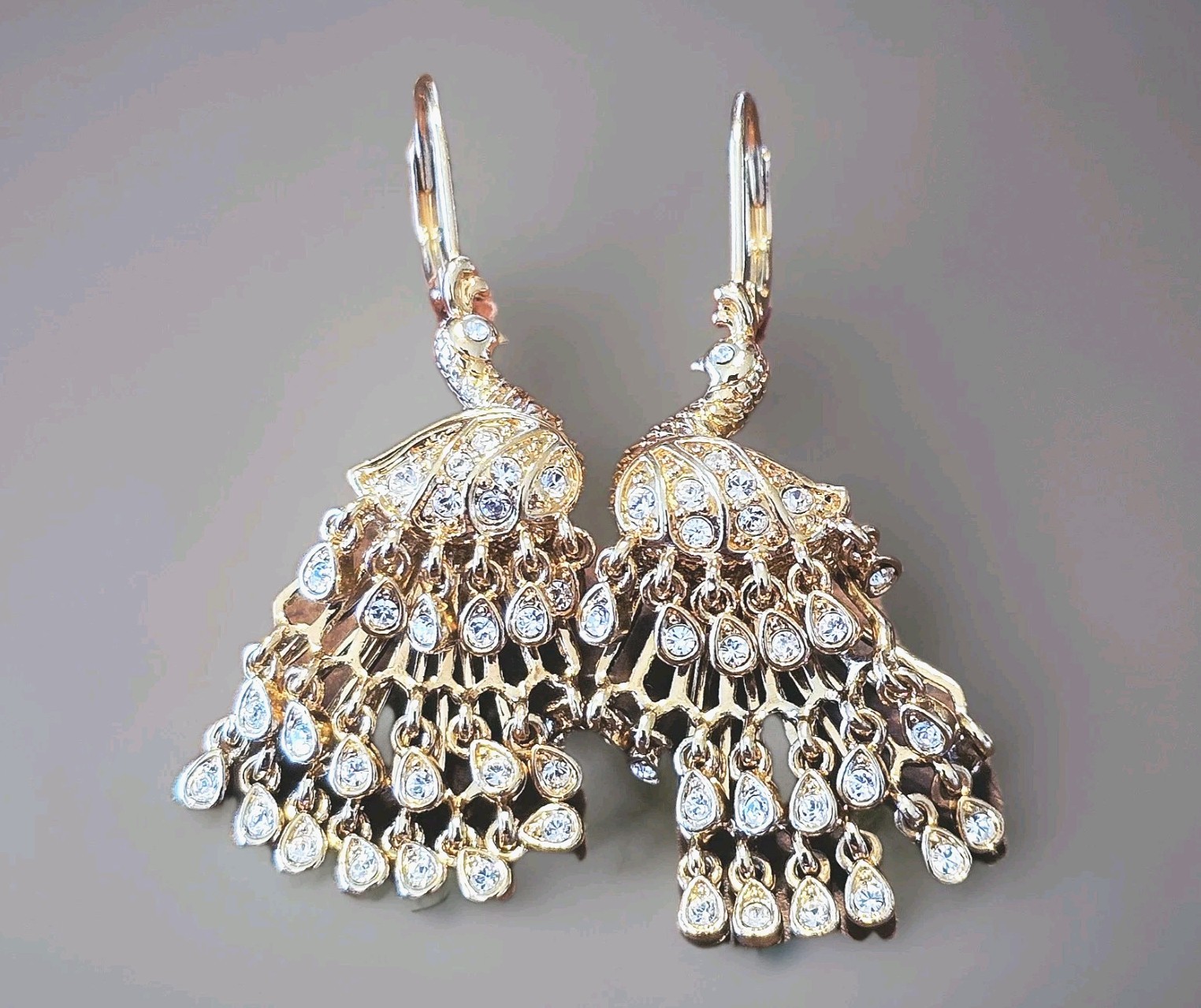 Nolan Miller Signed Dangle Peacock Rhinestone Goldtone Pierced Earrings.