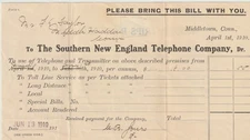 1910 Middleton, Conn. BILLHEAD The Southern New England Telephone Company