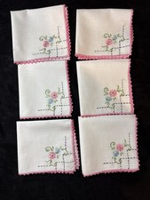 Lot 6 Pink  White Vintage Cotton Linen Handkerchiefs Lace Embroidered Floral