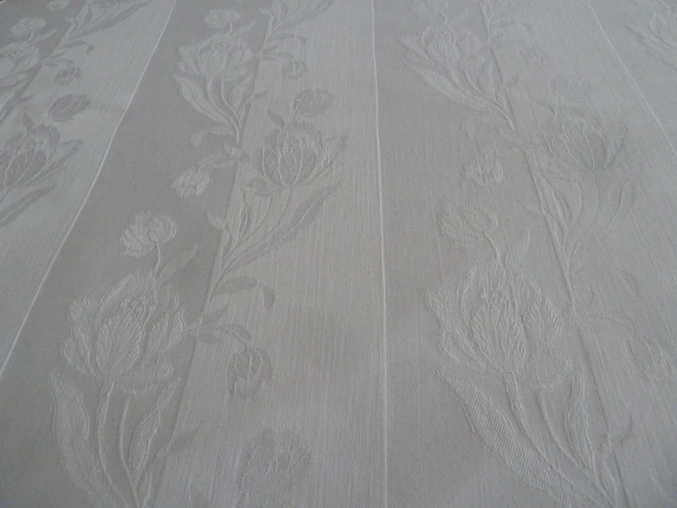 ancienne housse d'édredon coton damassé ( tulipes ) dentelle mono brodé B.S tbé - Photo 3/4