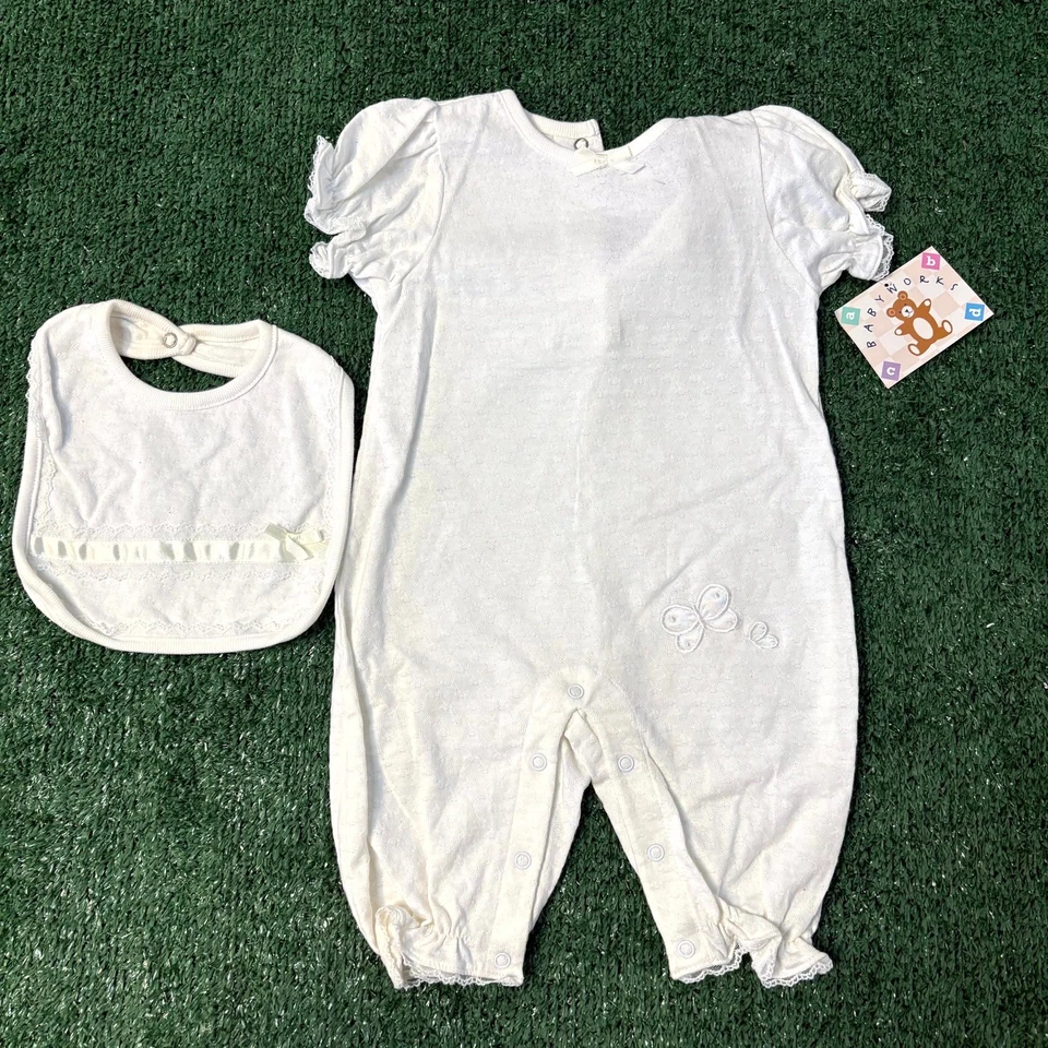 Vintage Y2K Baby Works Jumpsuit & Bib Set Size 3-6 M White Butterfly Embroidery - Image 2 of 4