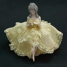 Antique Southern Belle Half Doll Pin Cushion Hands and Legs Yellow Lace Dress 5"