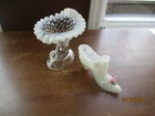 2 pcs Vintage Fenton White Opalescent Hobnail Horn Vase 5 1/2"  & Rose Shoe